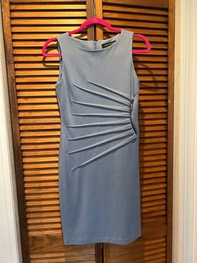 Ivanka Trump Dusty Blue Sleeveless Sheath Dress with Side Pleat Details